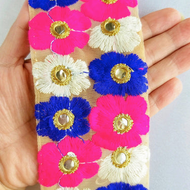 Beige Net Lace Trim In Blue, Off White, Fuchsia Pink And Gold Floral Embroidery And Mirror Embellishments
